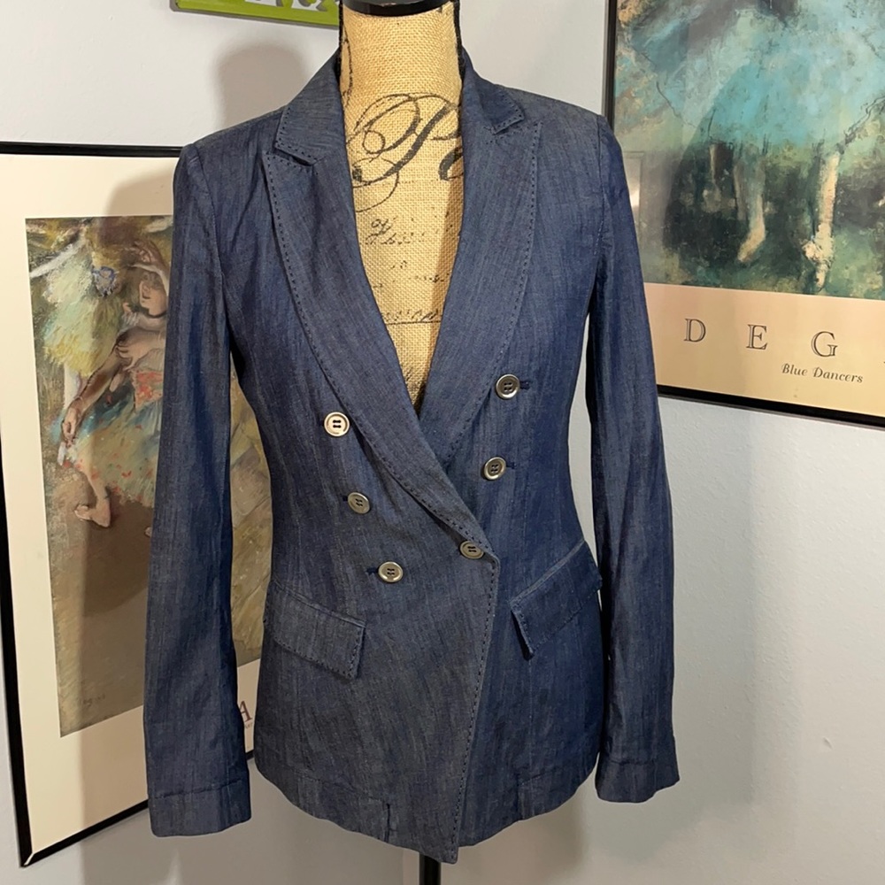 White House Black Market Denim Double Breasted Blazer Size 2